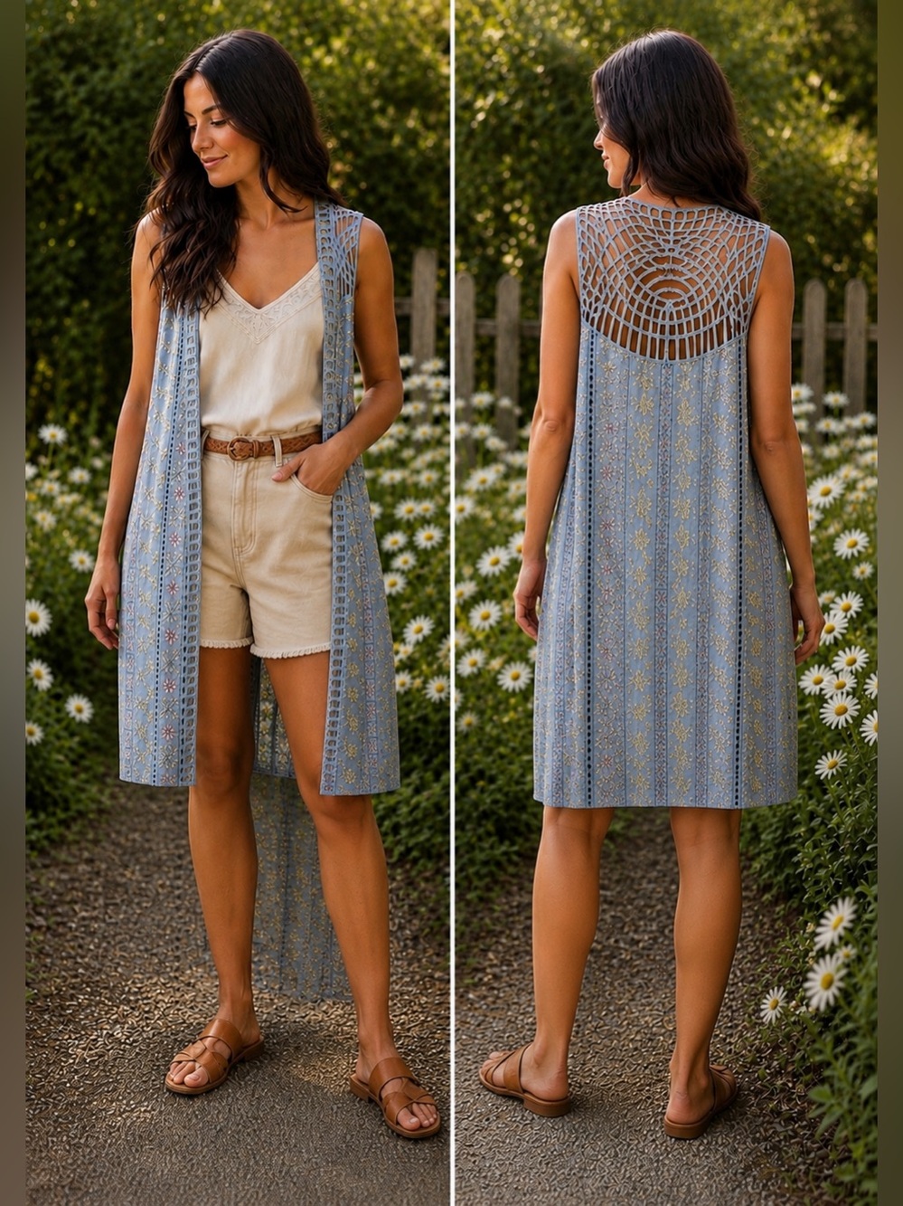 NWT Tulip B Sleeveless Embroidered Light Blue Duster Cardigan Floral